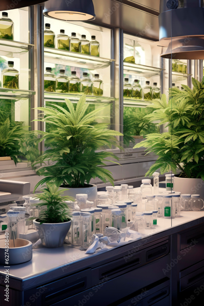 Fototapeta premium Generative AI ilustration of Development medicinal cannabis laboratory with the latest technology
