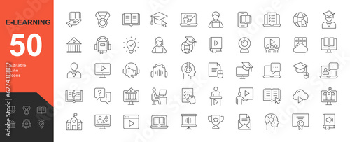 E-Learning Line Editable Icons set. Vector illustration in modern thin line style of learning icons: Laptop, Book and Video Tutorial training,  Graduation cap, On-line Lecture, Education Plan and more