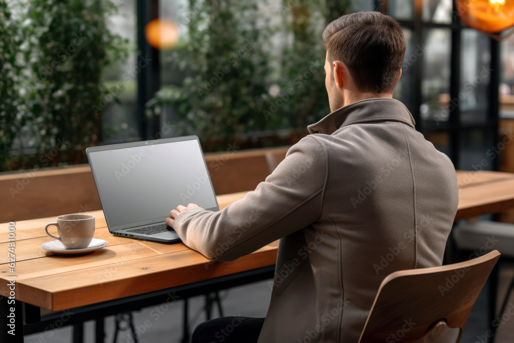 Generative AI illustration of a man from behind working with a laptop with a mockup style screen Generative AI illustration of a man from behind working with a laptop with a mockup style screen