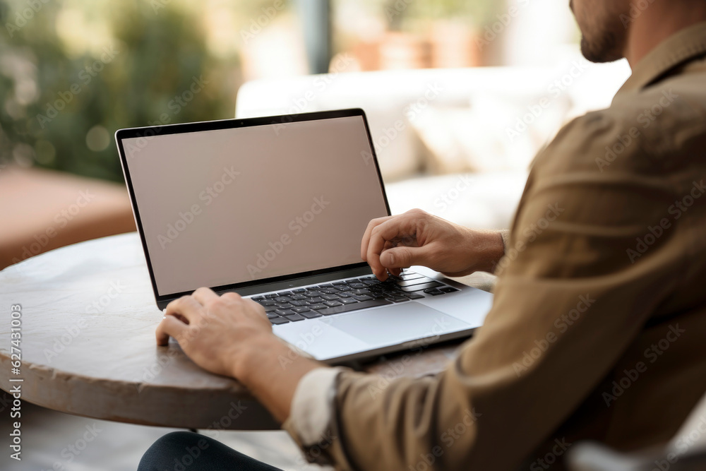 Generative AI illustration of a man from behind working with a laptop with a mockup style screen Generative AI illustration of a man from behind working with a laptop with a mockup style screen