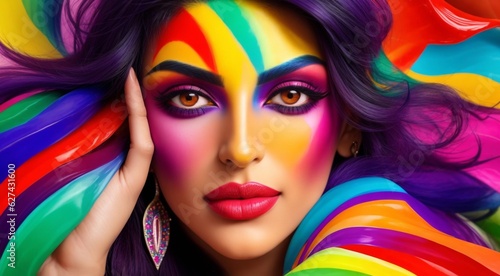 portrait of a woman with colored abstract hair, abstract colored portrait of a woman, portrait of a woman with colorful makeup, abstract Ultra HD colors, exotic colors © Gegham