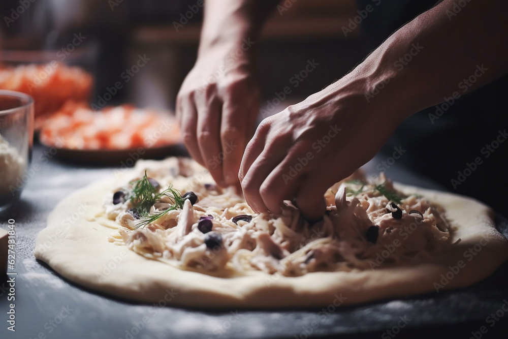 Human hands closeup cooking pizza. Generative AI