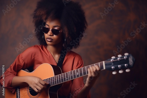 Afro-american young woman playing guitar. Generative AI