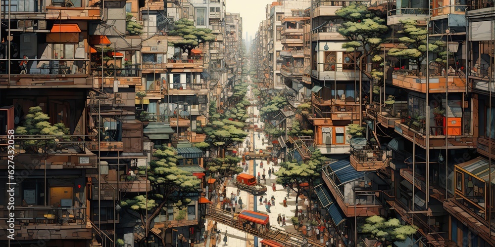 AI Generated. AI Generative. Abstract city town urban top view panorama landscape view. Graphic Art