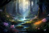 Mystical Forest with Vibrant Flora and Magical Light