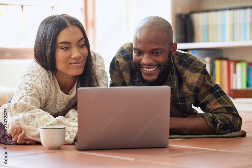 Relax, laptop and watching movie with couple on floor for streaming service, subscription and social media. Internet, technology and film with black man and woman at home for happy, network and date Relax, laptop and watching movie with couple on floor for streaming service, subscription and social media. Internet, technology and film with black man and woman at home for happy, network and date