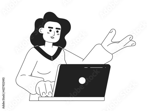 Woman office workermonochromatic flat vector character. Editable thin line half body business woman working on laptop on white. Simple bw cartoon spot image for web graphic design