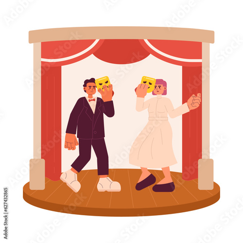 Theatre performance 2D vector isolated spot illustration. Creative hobby. Talented flat man and woman holding masks and acting on stage on white background. Colorful editable scene