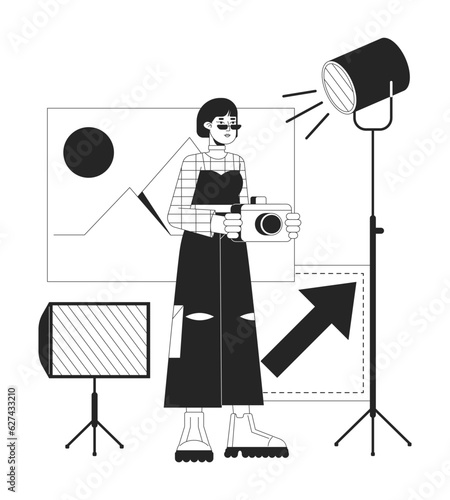 Freelance photographer in studio bw concept vector spot illustration. Asian woman with camera 2D cartoon flat line monochromatic character for web UI design. Editable isolated outline hero image