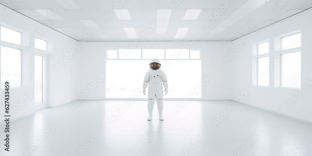 AI Generated. AI Generative. Astronaut in white empty room. Minimal space adventures suit view. Graphic Art AI Generated. AI Generative. Astronaut in white empty room. Minimal space adventures suit view. Graphic Art