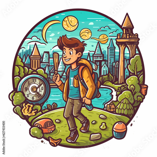Finding hidden places in the city. Adventure travel and discovery of unknown places. Cartoon vector illustration.