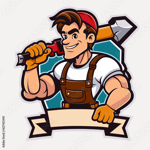Muscular handyman ready to renovate the house. Cartoon vector illustration.