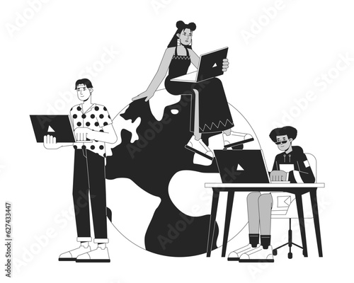Ability to work everywhere bw concept vector spot illustration. Freelancers remote work 2D cartoon flat line monochromatic characters for web UI design. Editable isolated outline hero image