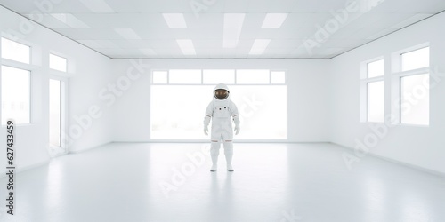 AI Generated. AI Generative. Astronaut in white empty room. Minimal space adventures suit view. Graphic Art