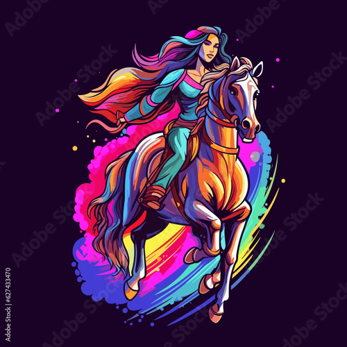Female horse rider riding outdoors on her lovely horse. Cartoon vector illustration. 
