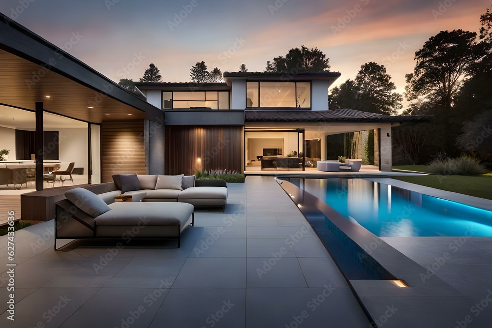 Fototapeta premium Beautiful Exterior of New Luxury Home at Twilight