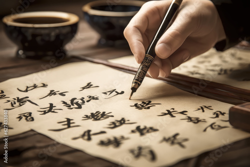 HAND WRITING ON RUSTIC PAPER WITH BLACK INK. EASTERN CALLIGRAPHY. photo