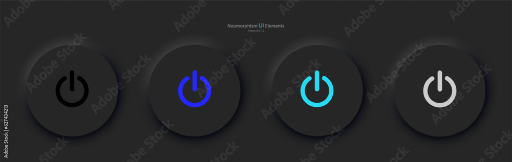 User interface elements for mobile devices in the style of neumorphism, UI, UX. A set of four black round buttons with colored power symbols. Vector illustration. User interface elements for mobile devices in the style of neumorphism, UI, UX. A set of four black round buttons with colored power symbols. Vector illustration.