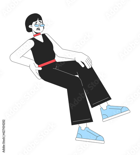 Unhappy woman sitting flat line color vector character. Editable outline full body girl in sunglasses touch back, knee. Traumas simple cartoon spot illustration for web graphic design