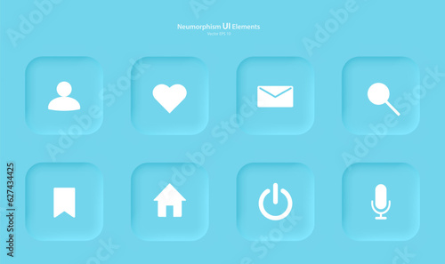 Set of buttons for designing user interface in blue. Elements, icons for mobile devices in the style of neumorphism, UI, UX. Set of icons for user interface development. EPS 10 vector.