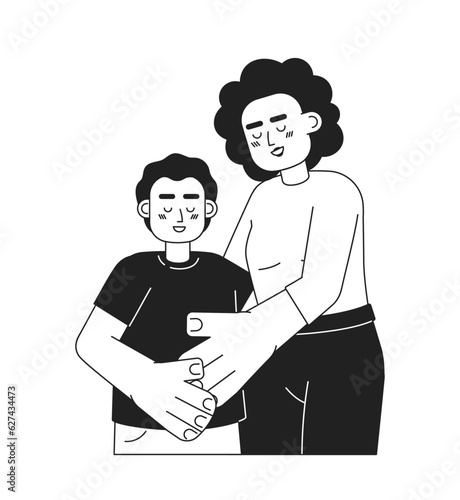 Mother hugging preteen son monochromatic flat vector characters. Gentle parenting. Affectionate mom. Editable thin line half body people on white. Simple bw cartoon spot image for web graphic design