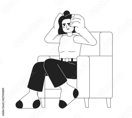 Exhausted woman in armchair monochromatic flat vector character. Hispanic girl holding head in stress. Editable thin line full body person on white. Simple bw cartoon spot image for web graphic design