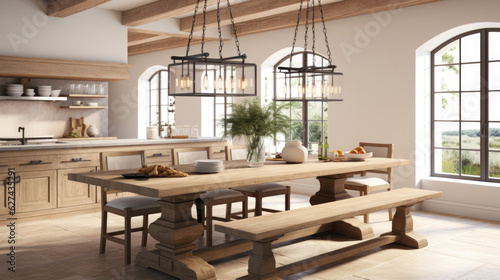 A kitchen-dining room combo with a long table and statement lighting, in the style of farmhouse rustic, warm neutrals, Italian countryside inspiration. Generative AI