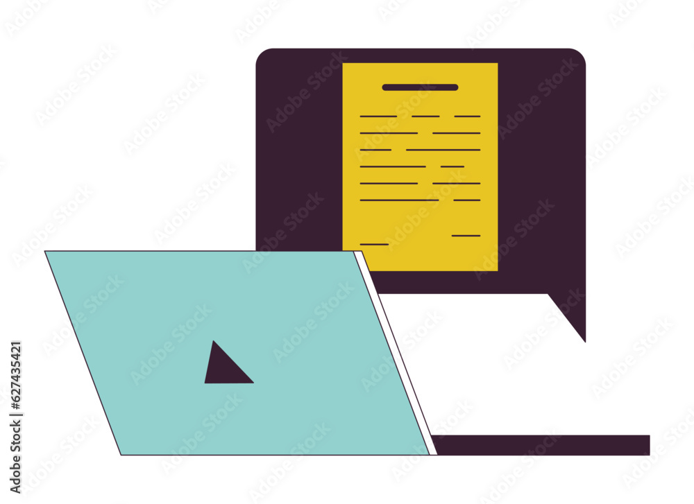 Notification message on laptop flat line color isolated vector object. Laptop computer office. Editable clip art image on white background. Simple outline cartoon spot illustration for web design Notification message on laptop flat line color isolated vector object. Laptop computer office. Editable clip art image on white background. Simple outline cartoon spot illustration for web design
