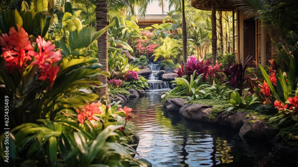 A lush tropical garden featuring exotic plants, palm trees, and tropical-themed garden decor Generative AI A lush tropical garden featuring exotic plants, palm trees, and tropical-themed garden decor Generative AI