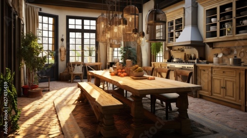 A kitchen-dining room combo with a long table and statement lighting  in the style of farmhouse rustic  warm neutrals  Italian countryside inspiration. Generative AI