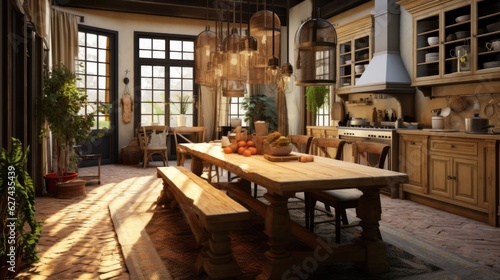 A kitchen-dining room combo with a long table and statement lighting, in the style of farmhouse rustic, warm neutrals, Italian countryside inspiration. Generative AI