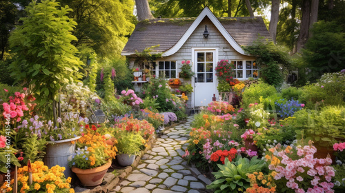A charming cottage garden filled with vibrant flowers, quaint pathways, and rustic garden decor Generative AI