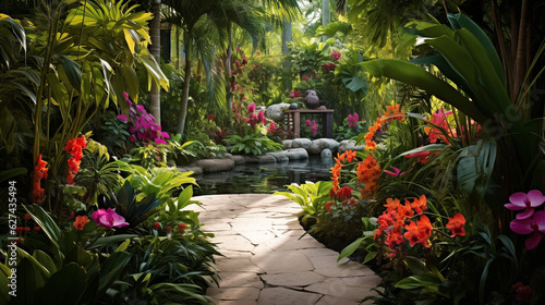 A lush tropical garden featuring exotic plants, palm trees, and tropical-themed garden decor Generative AI