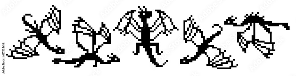 Big set with monochrome pixel dragons flying silhouettes isolated on white. Pixel art style design for new year 2024 package, home textile, embroidery, clipart, sticker, poster, apparel fabric, print.