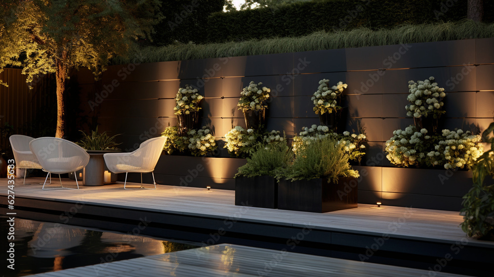 A contemporary urban garden with vertical planters, sleek outdoor lighting, and modern garden decor Generative AI
