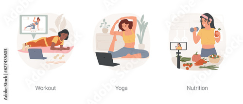 Healthy lifestyle videos isolated cartoon vector illustration set. Young teen girl in sportswear doing workout at home, practice yoga with online class, film video, nutrition blog vector cartoon.