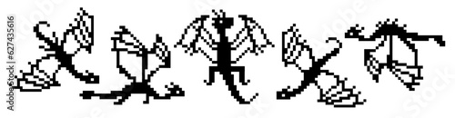 Big set with monochrome pixel dragons flying silhouettes isolated on white. Pixel art style design for new year 2024 package, home textile, embroidery, clipart, sticker, poster, apparel fabric, print.