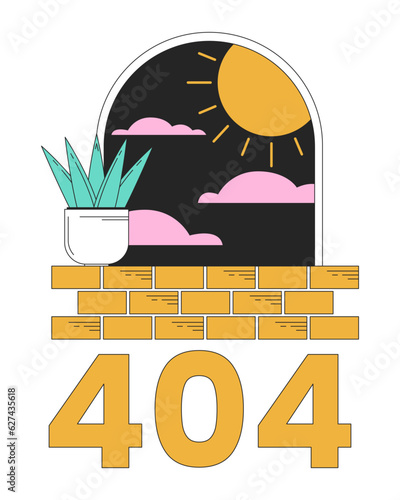 Surreal arch with plant on windowsill error 404 flash message. Night sun. Surrealizm. Empty state ui design. Page not found popup cartoon image. Vector flat illustration concept on white background