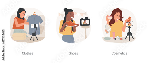 Social media review isolated cartoon vector illustration set. Teenage vlogger shooting clothing review, making testimonial about new shoes, reviewing cosmetics, influencer marketing vector cartoon.
