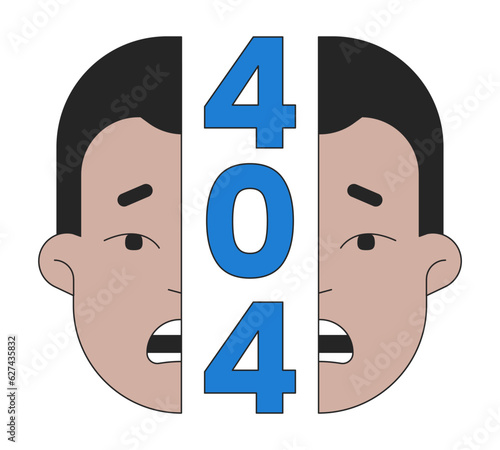 Shocking surprised split face error 404 flash message. Surrealism man. Mirror portrait. Empty state ui design. Page not found popup cartoon image. Vector flat illustration concept on white background