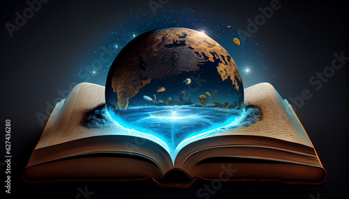 illustration of the world over a book, symbol for the knowledge of the world, Ai generated image #627436280