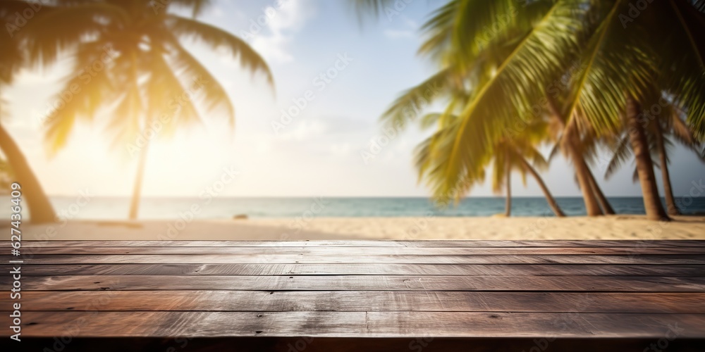 AI Generated. AI Generative. Empty wooden table mockup vacation palms. Graphic Art AI Generated. AI Generative. Empty wooden table mockup vacation palms. Graphic Art