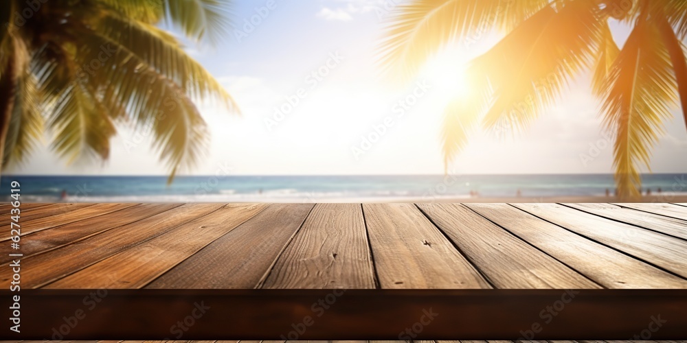 AI Generated. AI Generative. Empty wooden table mockup vacation palms. Outdoor relaxing island nature landscape vibe