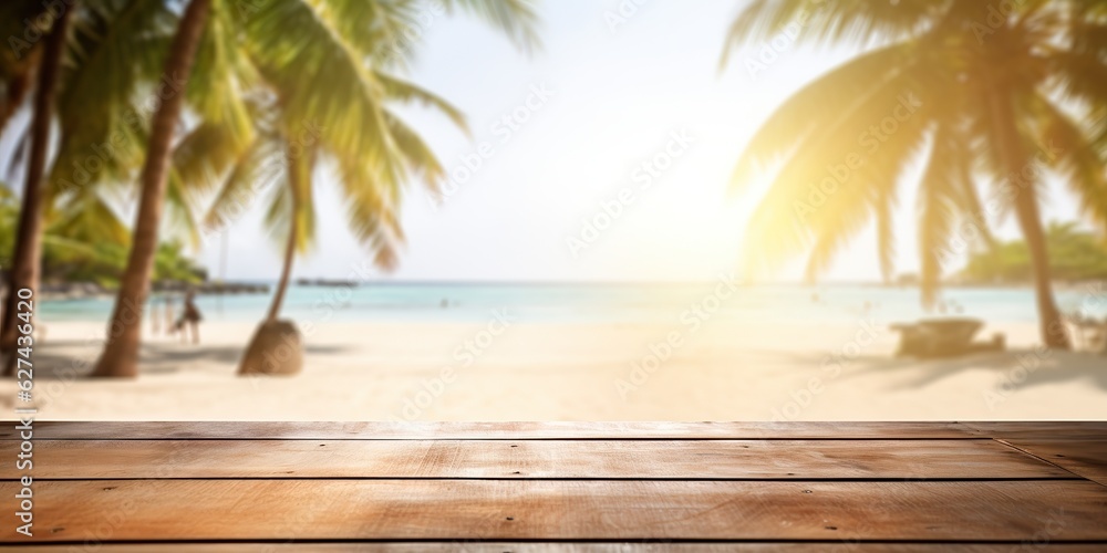 AI Generated. AI Generative. Empty wooden table mockup vacation palms. Outdoor relaxing island nature landscape vibe
