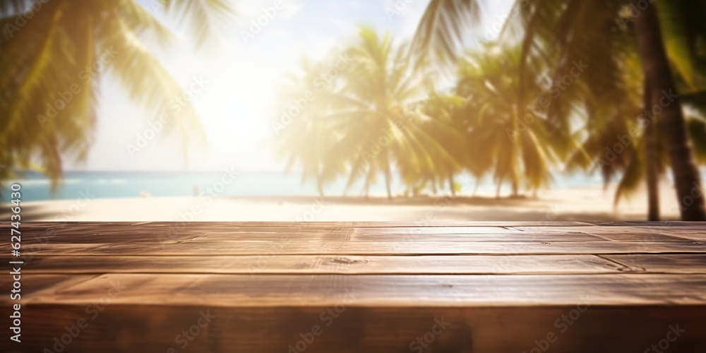 AI Generated. AI Generative. Empty wooden table mockup vacation palms. Outdoor relaxing island nature landscape vibe AI Generated. AI Generative. Empty wooden table mockup vacation palms. Outdoor relaxing island nature landscape vibe