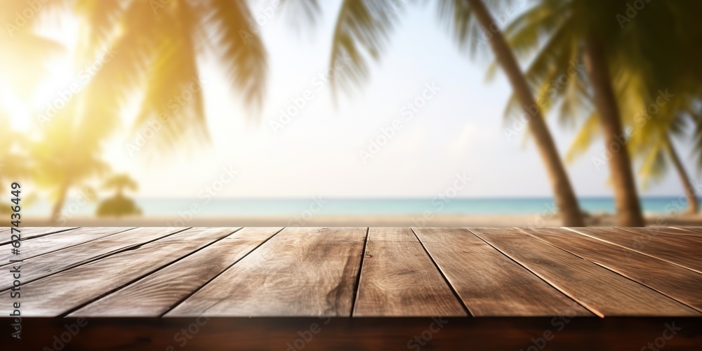 AI Generated. AI Generative. Empty wooden table mockup vacation palms. Outdoor relaxing island nature landscape vibe AI Generated. AI Generative. Empty wooden table mockup vacation palms. Outdoor relaxing island nature landscape vibe