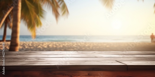 AI Generated. AI Generative. Empty wooden table mockup vacation palms. Outdoor relaxing island nature landscape vibe
