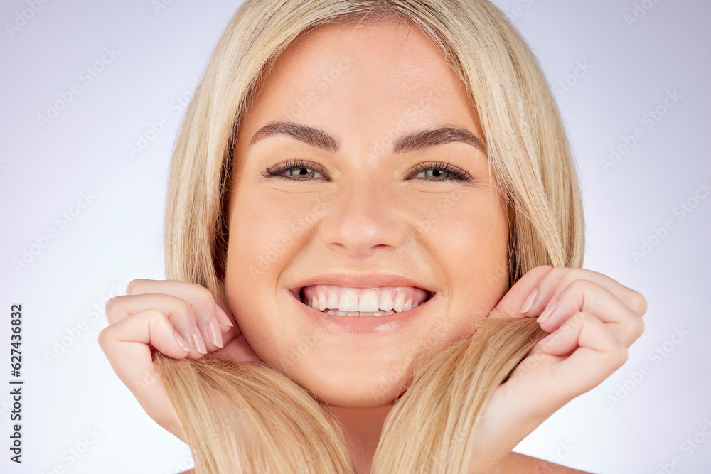 Portrait, girl and happiness with haircare or beauty with luxury salon with shine in white background. Hairstyle, woman and happy face with healthy shine or cosmetics in studio with glow or growth. Portrait, girl and happiness with haircare or beauty with luxury salon with shine in white background. Hairstyle, woman and happy face with healthy shine or cosmetics in studio with glow or growth.