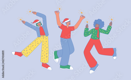 Christmas Party with Sparklers. People in red Hats Celebrate Xmas. New Year Celebration. Vector Flat Illustration.