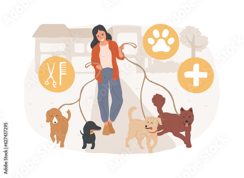 Pet services isolated concept vector illustration. Pet sitting and boarding services, animal care services, dog walking, grooming salon, daycare and attention, transportation vector concept.